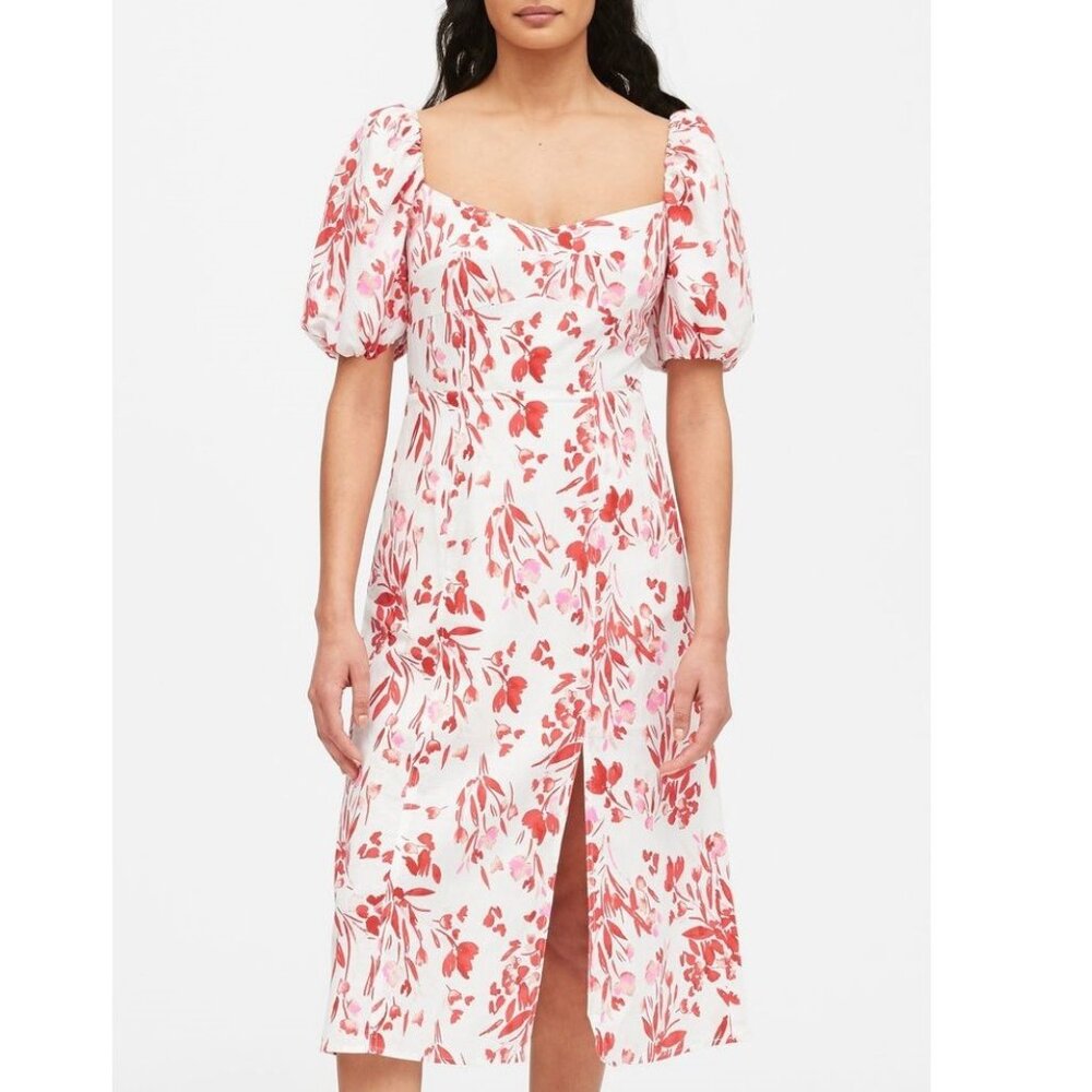 Banana Republic White & Red Floral Linen Dress - Size 14 Petite (NWT)